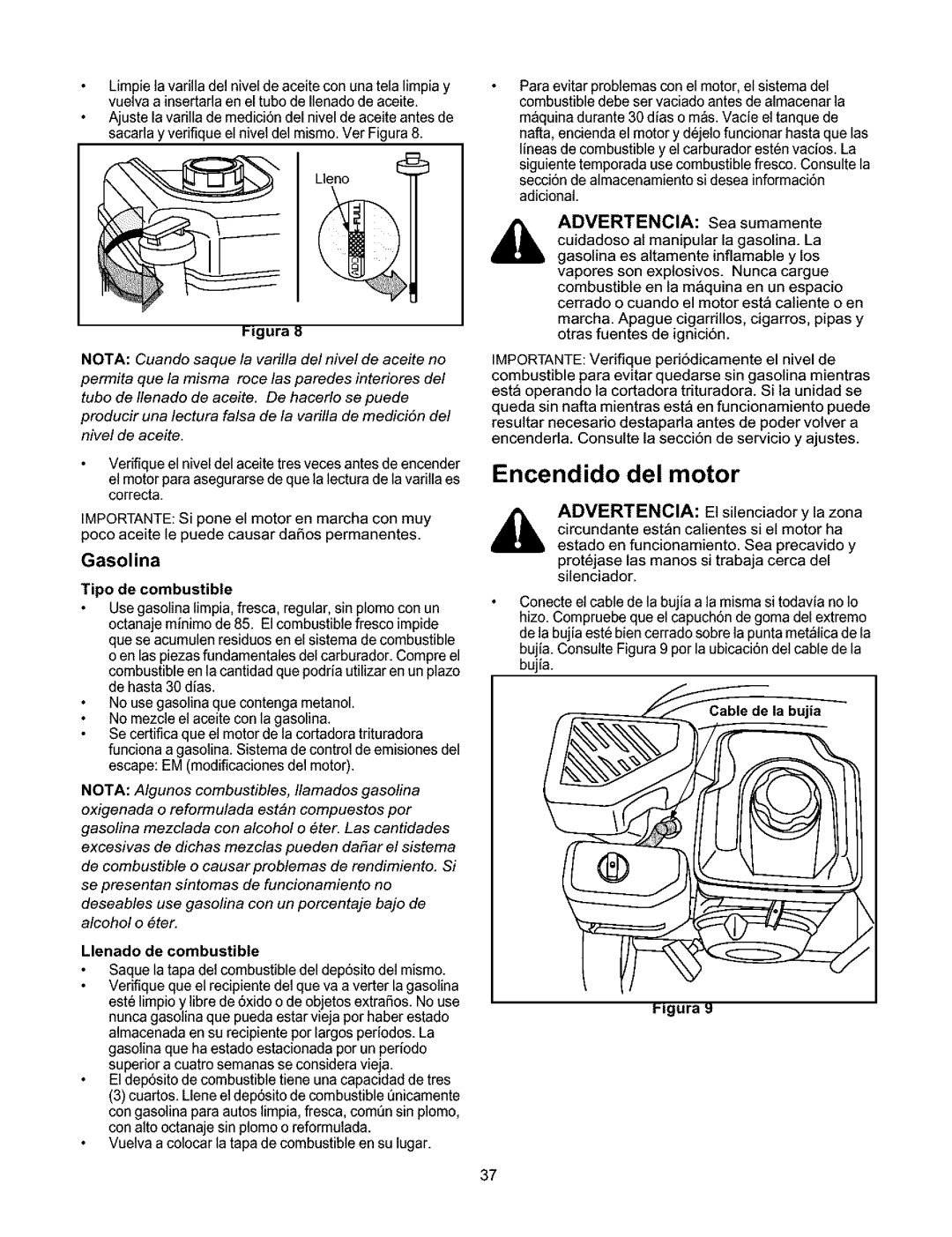 Craftsman 247.776350 manual Encendido del motor, Gasolina, Advertencia Sea sumamente 