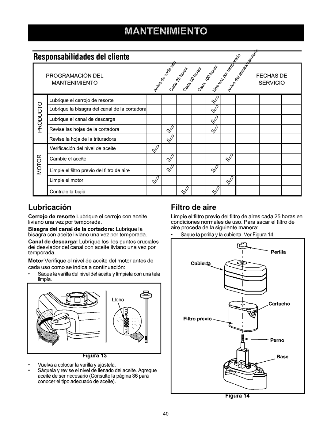 Craftsman 247.776350 manual Responsabilidadesdelcliente, Lubricacibn, Filtro de aire, Perilla, Cartucho Filtro previo 