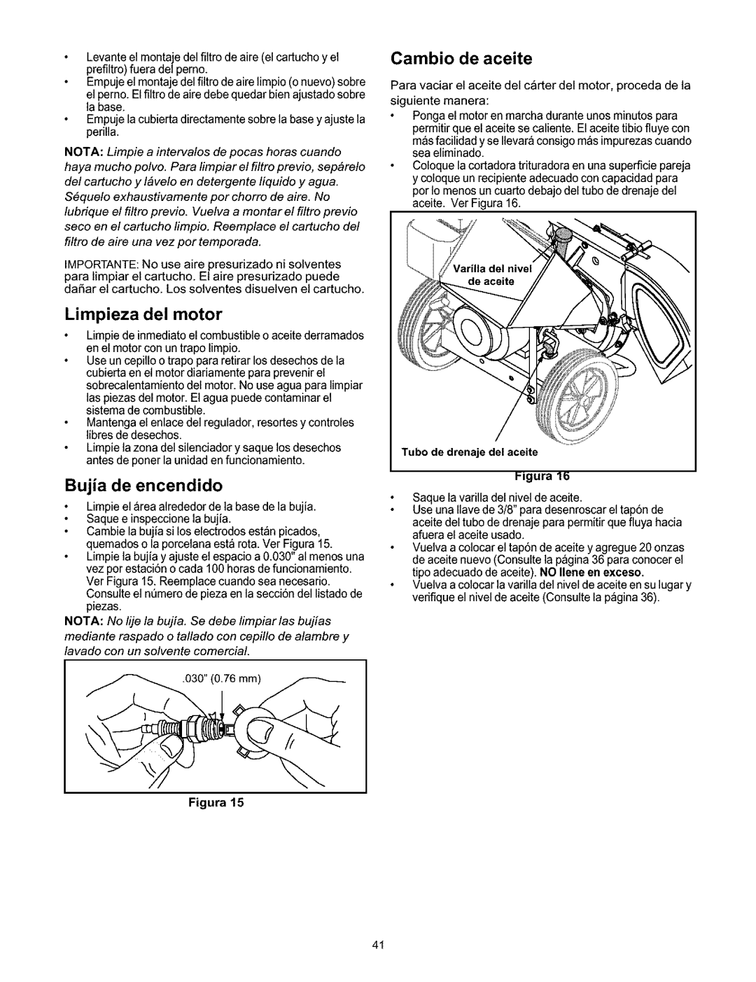 Craftsman 247.776350 manual Limpieza del motor, Bujia de encendido, Cambio de aceite 