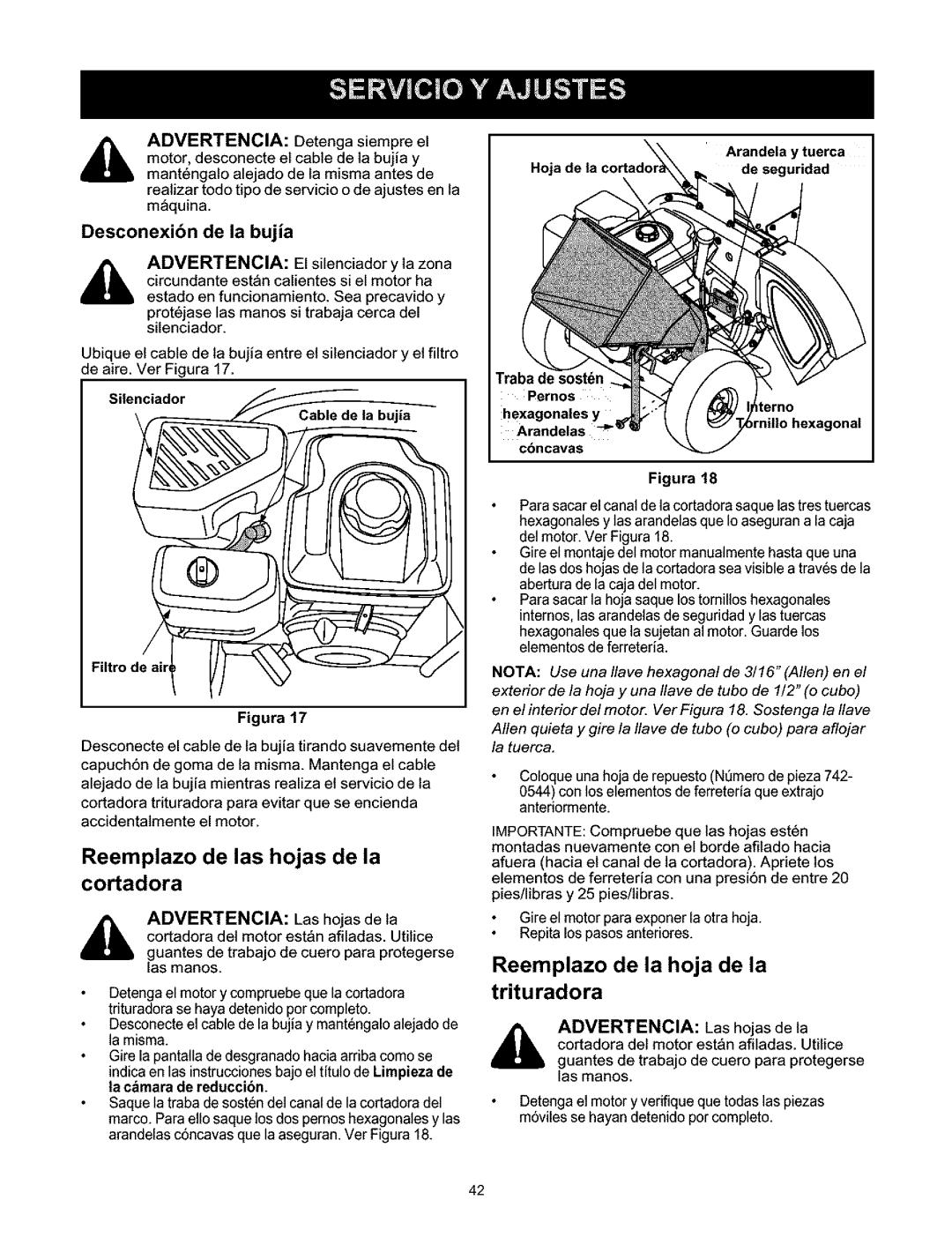 Craftsman 247.776350 manual Reemplazo de las hojas de la cortadora, Reemplazo de la hoja de la trituradora 