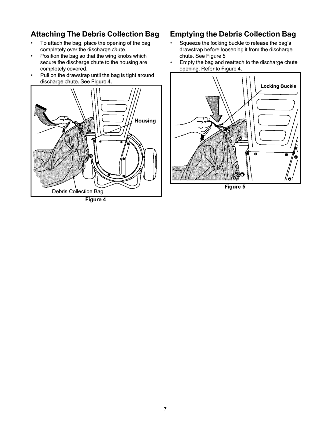 Craftsman 247.776350 manual Attaching The Debris Collection Bag, Emptying the Debris Collection Bag 