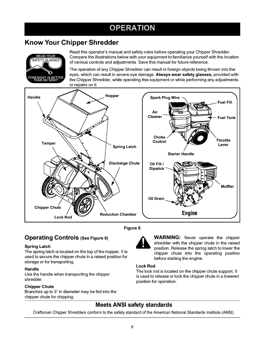 Craftsman 247.776350 manual Know Your Chipper Shredder, Enginej, Operating Controls See Figure, Meets Ansi safety standards 