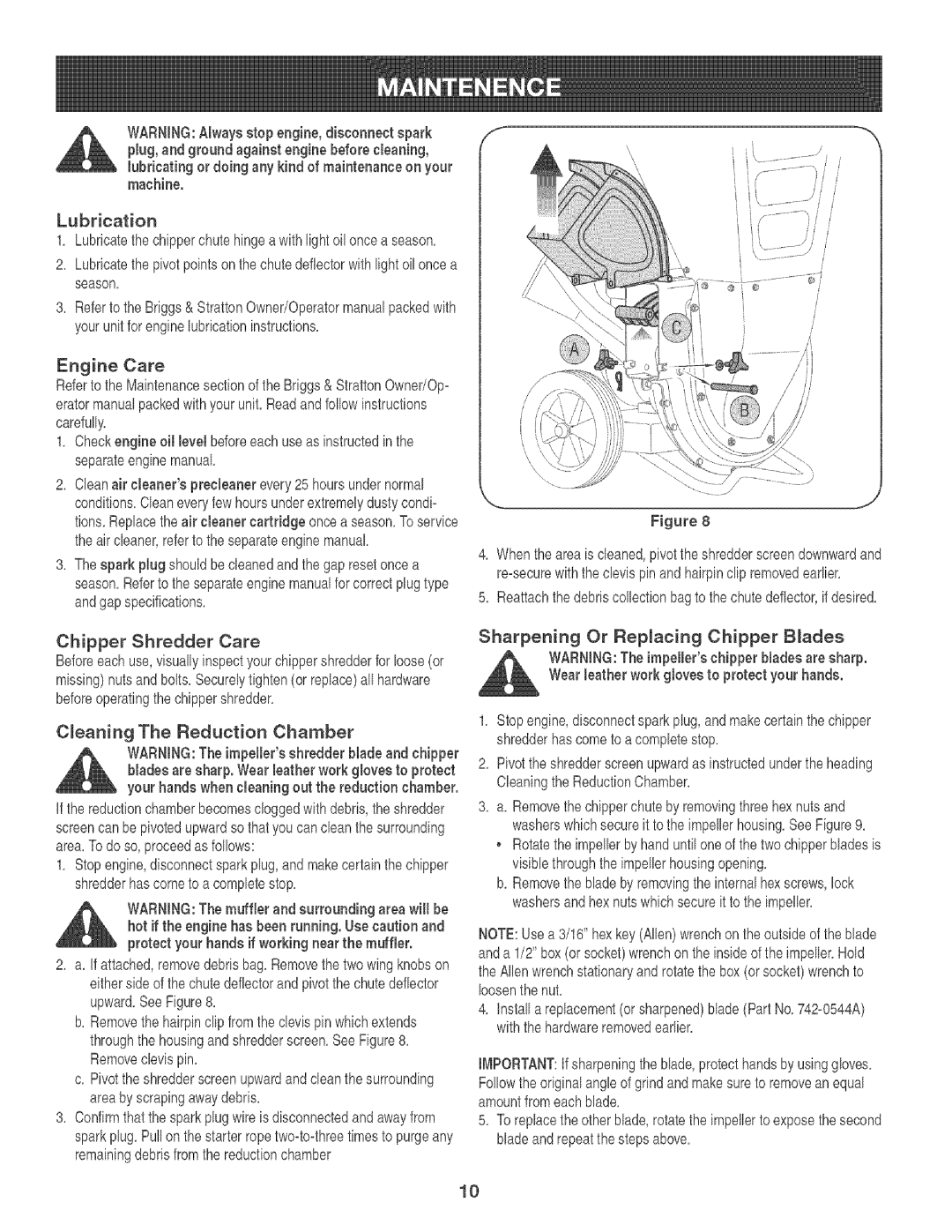 Craftsman 247.776360 manual Cleaning The Reduction Chamber, Sharpening Or Replacing Chipper Blades, Engine Care 