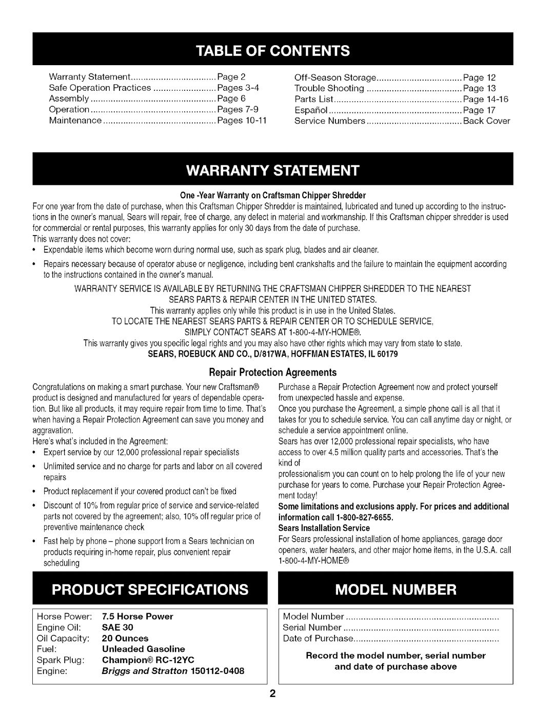 Craftsman 247.776360 manual Page2, Page12, Pages3-4, Page13, Page6, Pages7-9, Page17, Pages10-11 