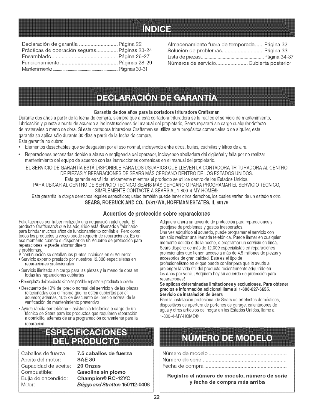 Craftsman 247.776360 manual Acuerdos de protecci6n sobre reparaciones, Cubierta posterior 