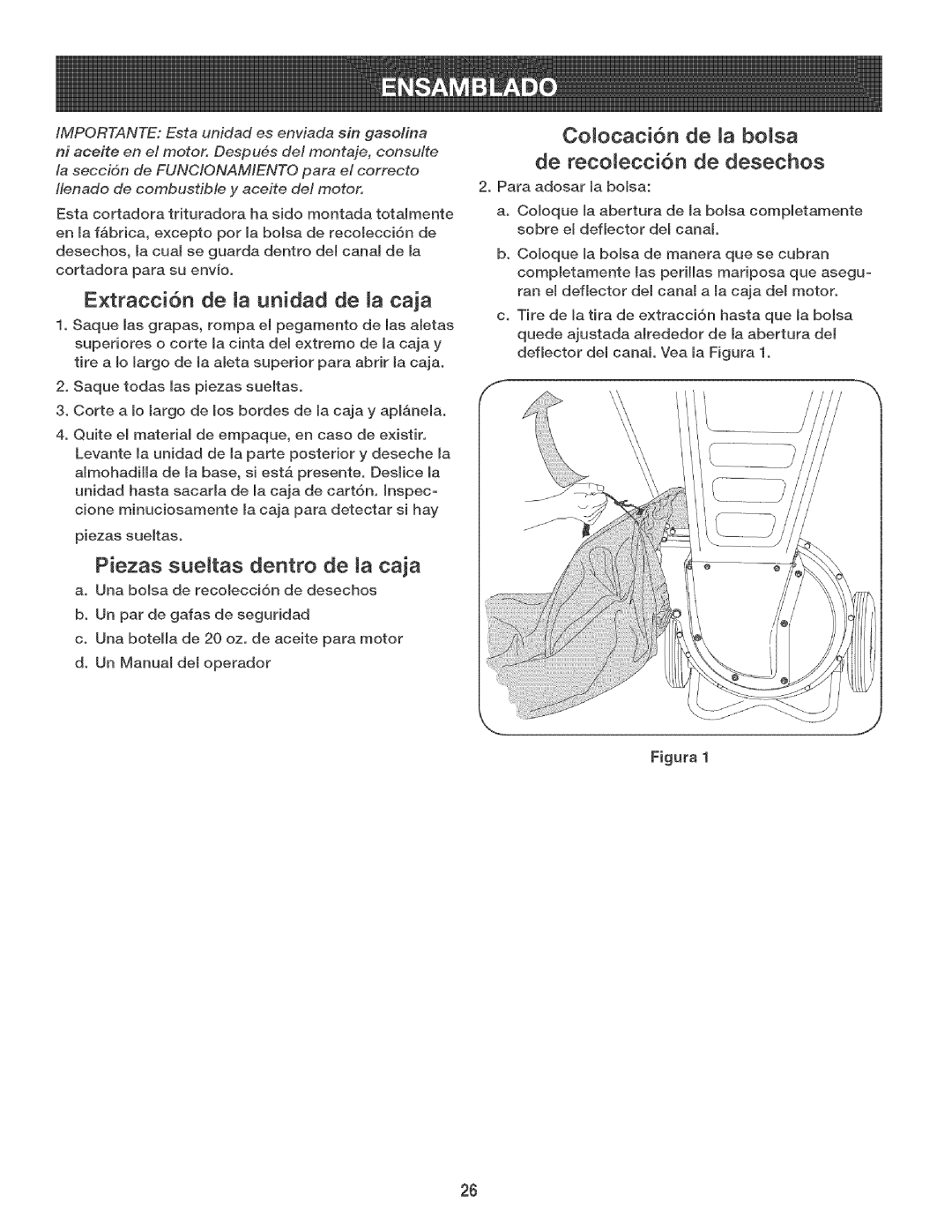 Craftsman 247.776360 manual Extracci6n de ta unidad de la caja, Piezas suentas dentro de la caja 