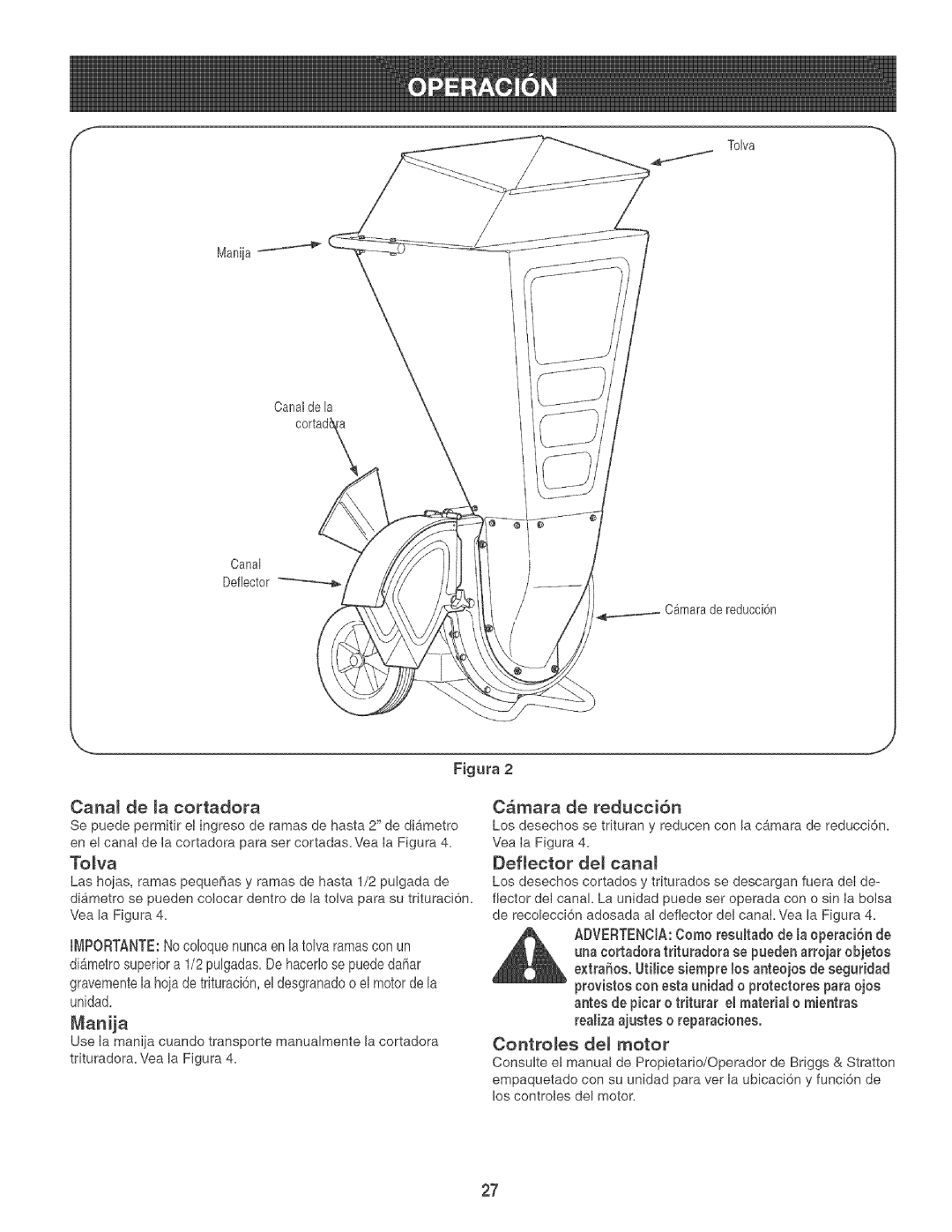 Craftsman 247.776360 manual Cmara de redueci6n, Tova, Coatromes de motor, Deflector del eanam 