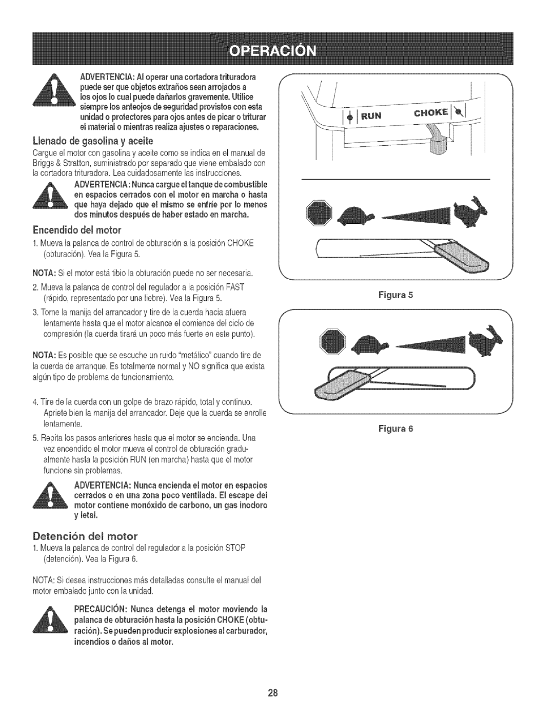 Craftsman 247.776360 manual Encendido Del motor, ADVERTENCIANuncacargueeltanquedecombustible, Obturaci6n,VealaFigura5 