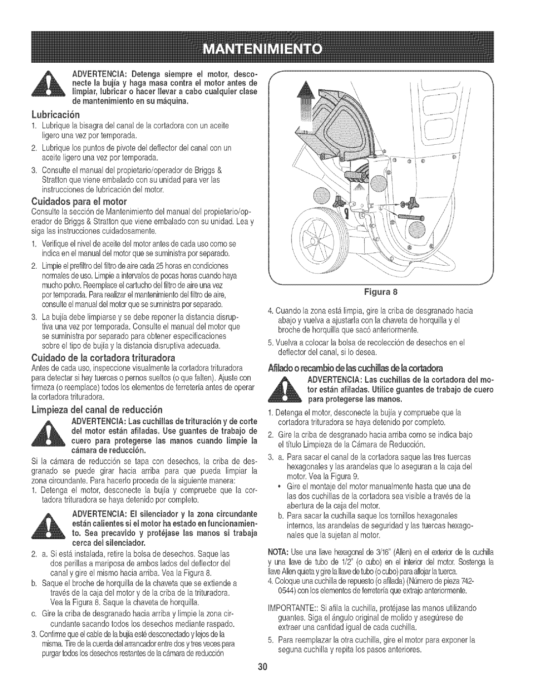 Craftsman 247.776360 manual Lubricaci6n, Cuidados para el motor, Cuidado de la cortadora trituradora 