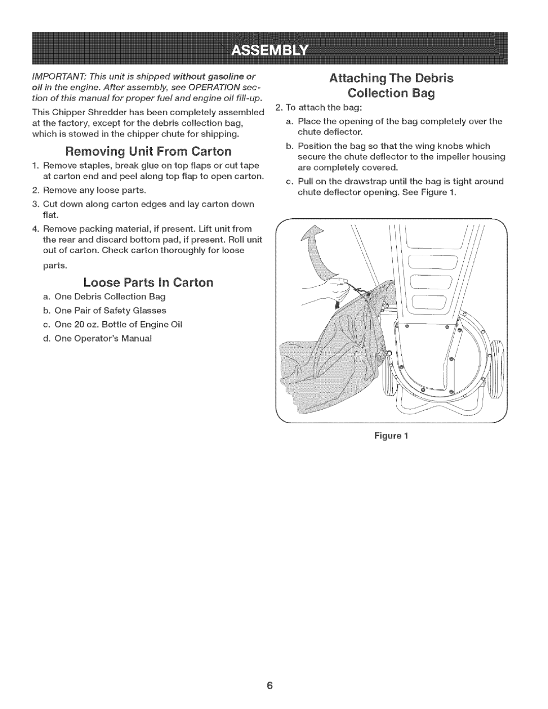 Craftsman 247.776360 manual Removing Unit From Carton, Loose Parts Jn Carton, Attaching The Debris Collection Bag 