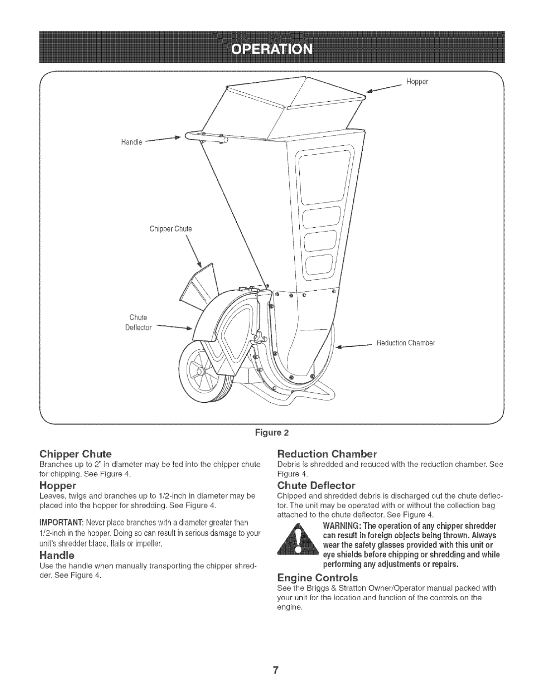 Craftsman 247.776360 manual Chipper Chute Reduction Chamber, Hopper, HandJe, Chute Deflector, Engine Controls 