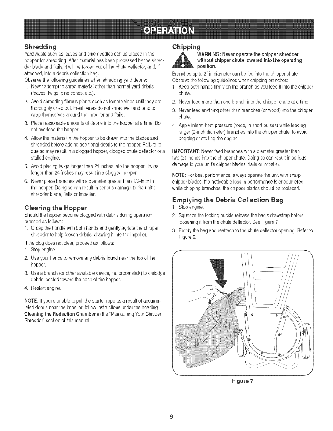 Craftsman 247.776360 Shredding, Cearing the Hopper, Chipping, Emptythe bagandreattachto the chutedeflectoropening,Referto 