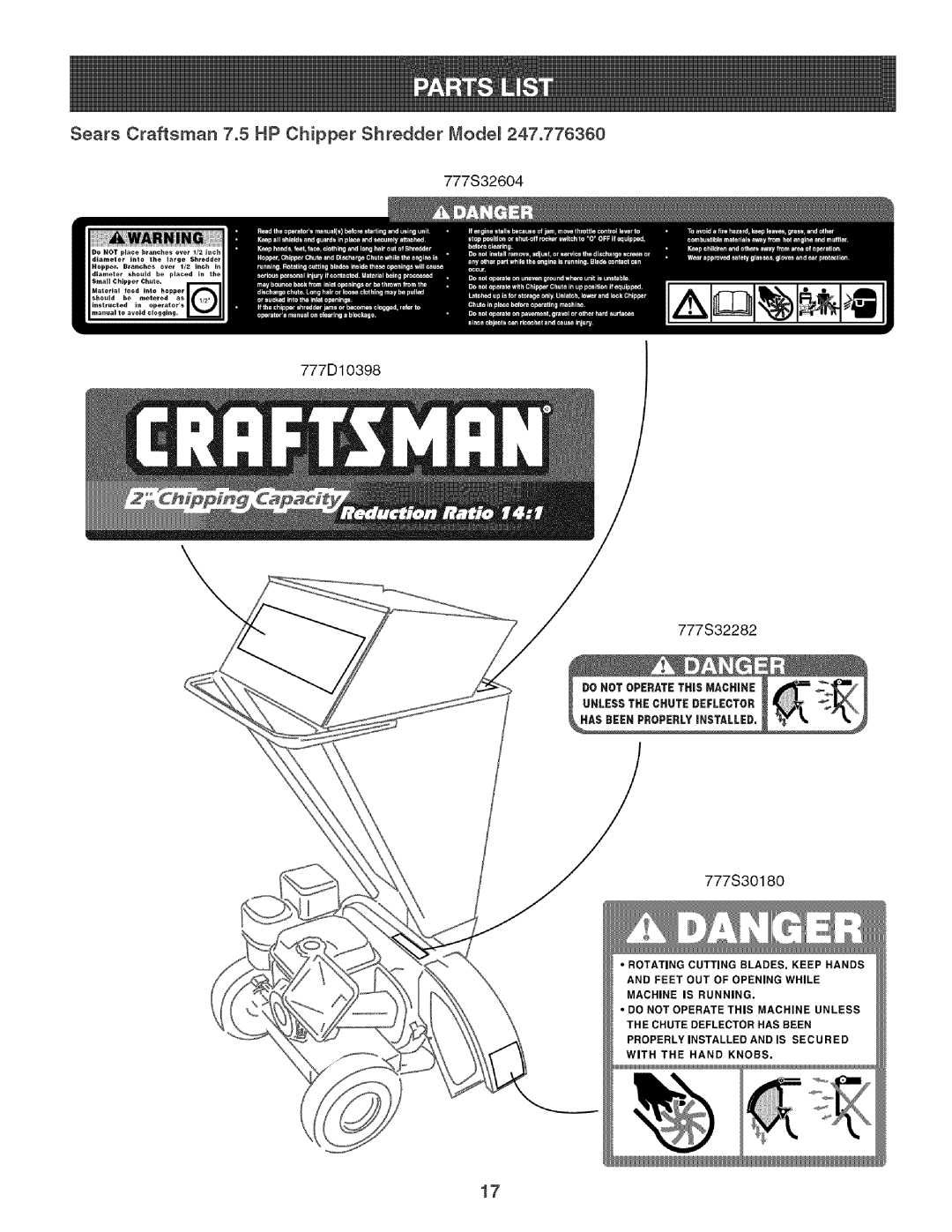Craftsman 247.776360 manual Sears Craftsman 7.5 HP Chipper Shredder Mode, 777S32604 777D10398 777S32282 777S30180 