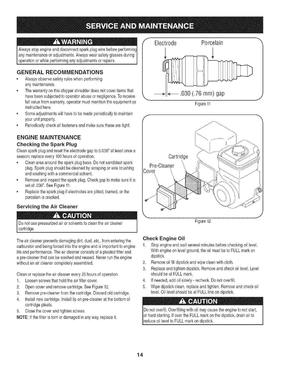 Craftsman 247.776370 manual General Recommendations, Engine, Maintenance, Cartridge 