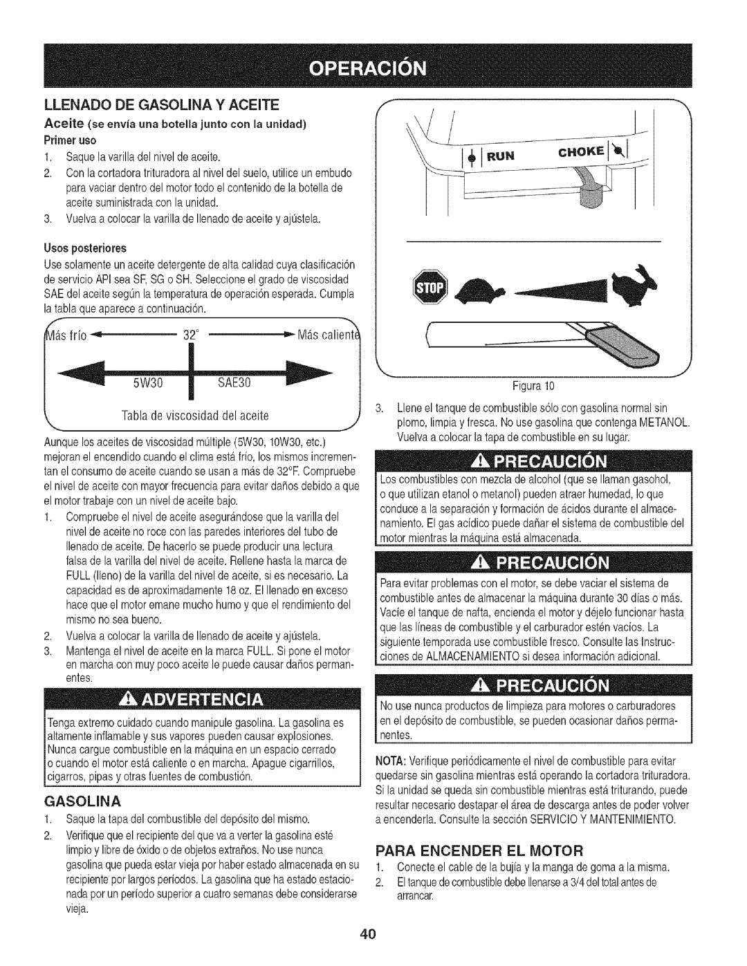 Craftsman 247.776370 manual Llenado DE Gasomna Y Aceite, Gasolina, Para Encender EL Motor, Primeruso 