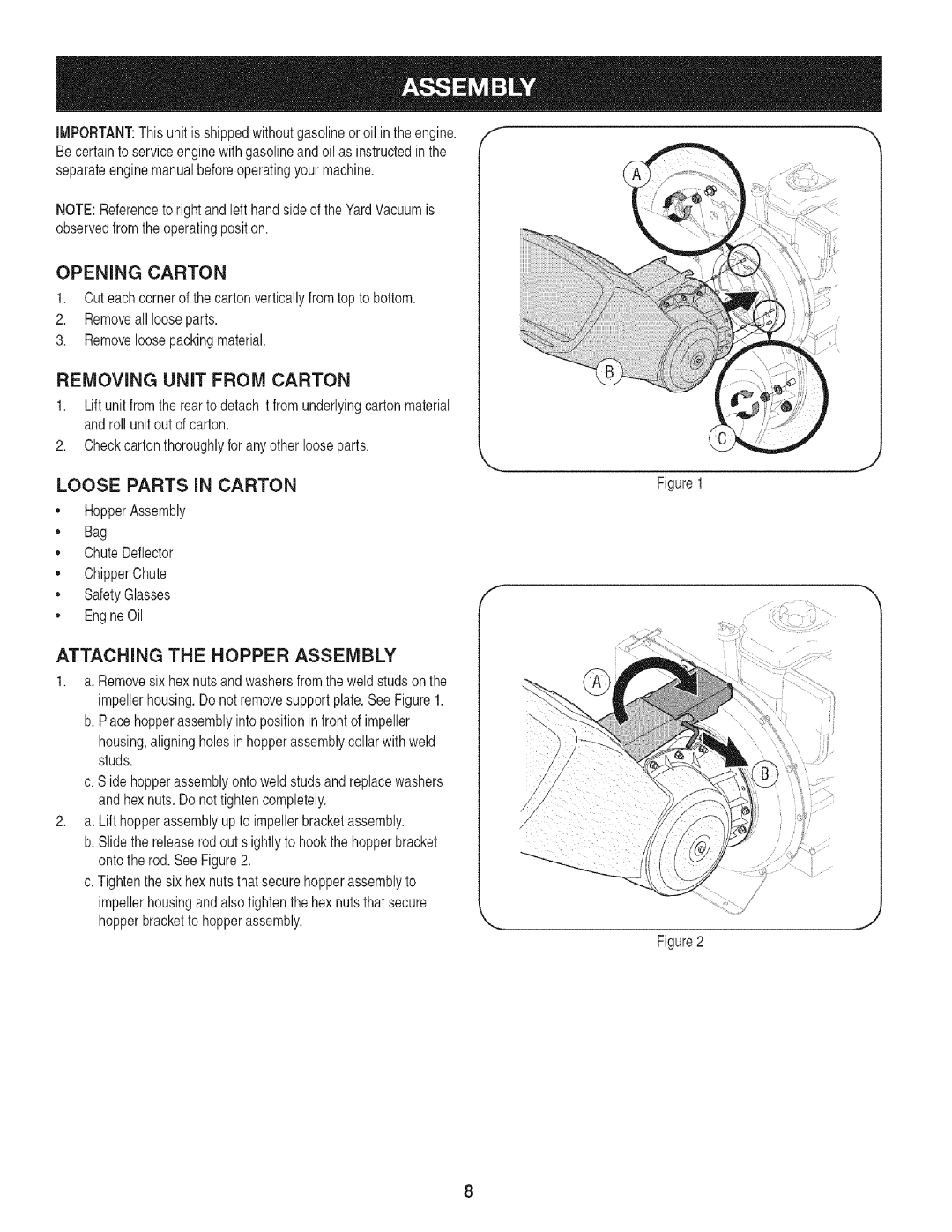 Craftsman 247.776370 manual Removing UNiT from Carton, Attaching the Hopper Assembly 