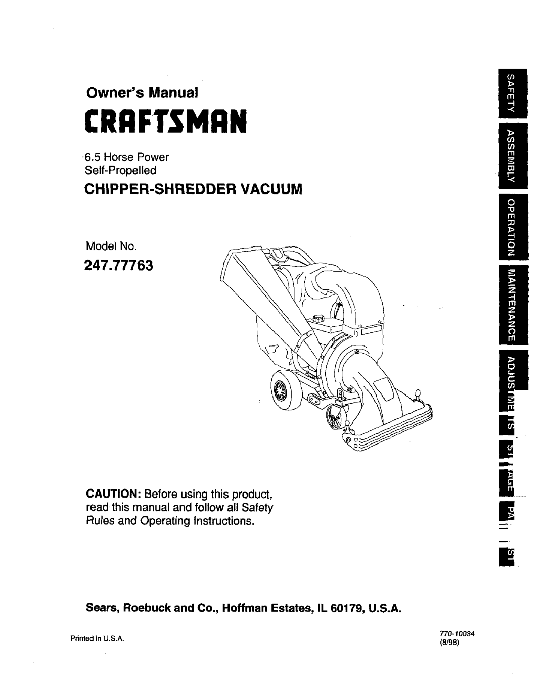 Craftsman 247.77763 owner manual Crrftsmrn, Sears, Roebuck and Co., Hoffman Estates, IL 60179, U.S.A 