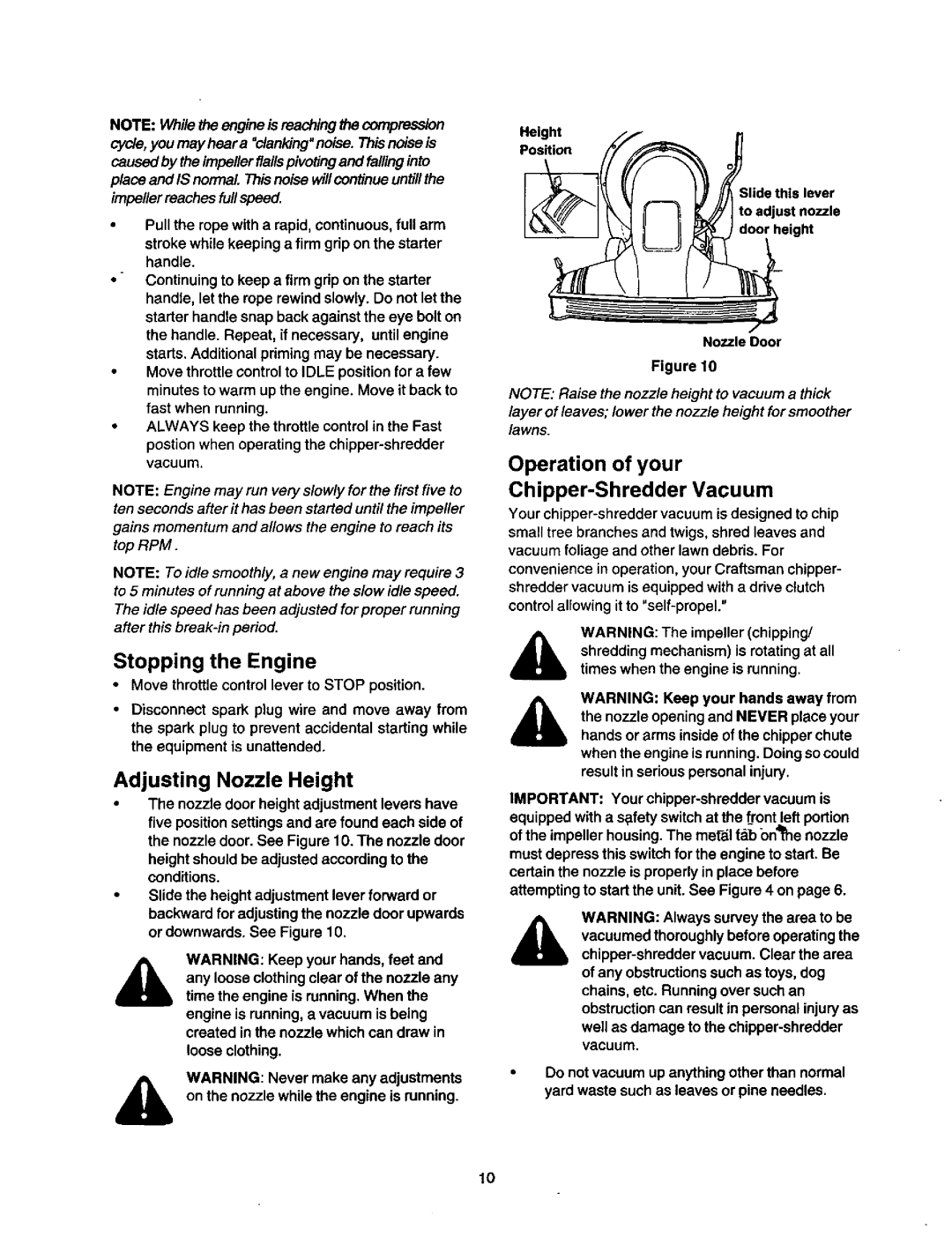 Craftsman 247.77763 owner manual Adjusting Nozzle Height, Operation of your Chipper-Shredder Vacuum 