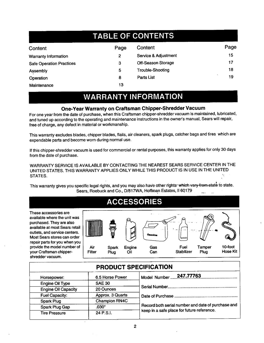 Craftsman 247.77763 owner manual Product Specification 