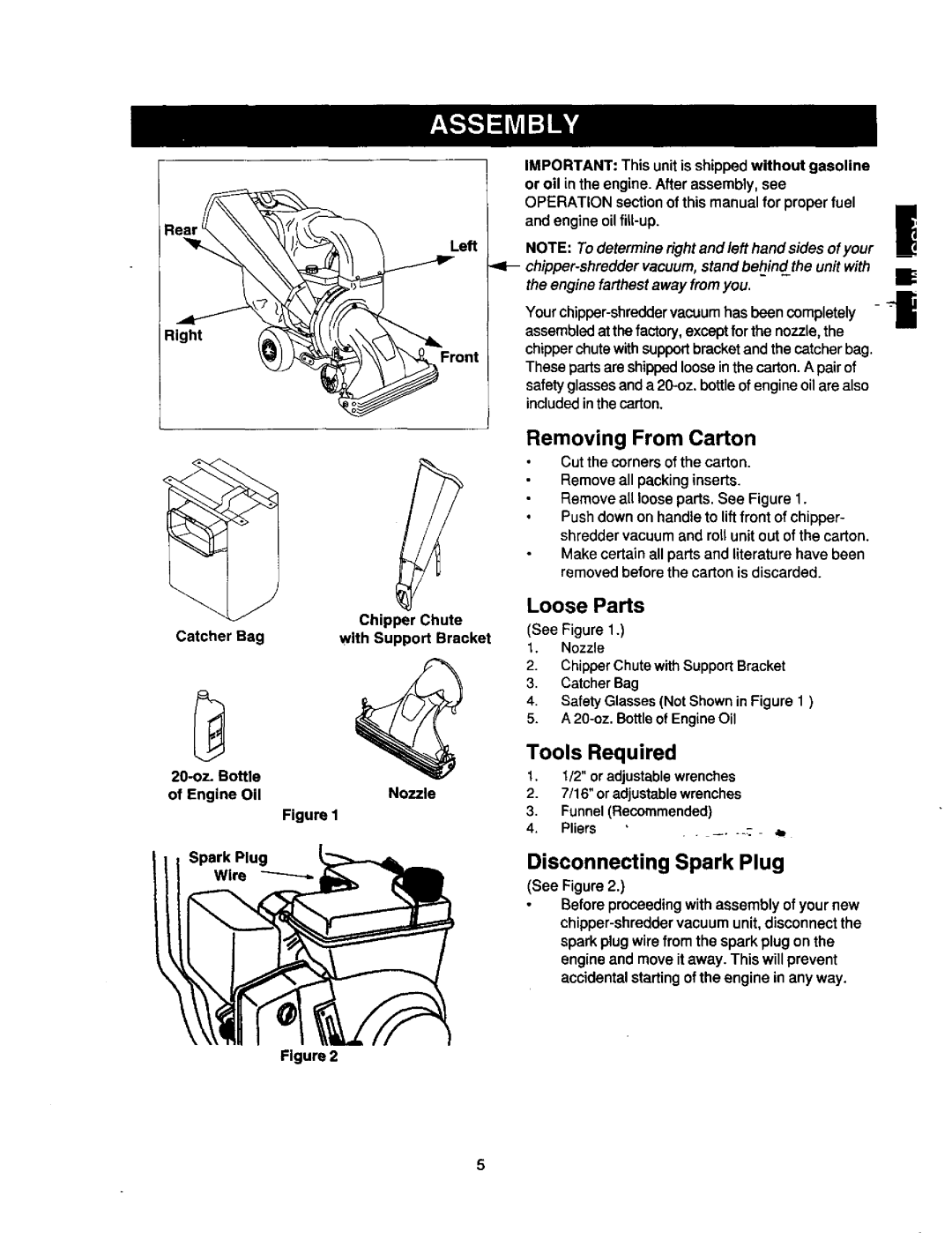 Craftsman 247.77763 owner manual Removing From Carton, Loose Parts, Tools Required, Disconnecting Spark Plug 