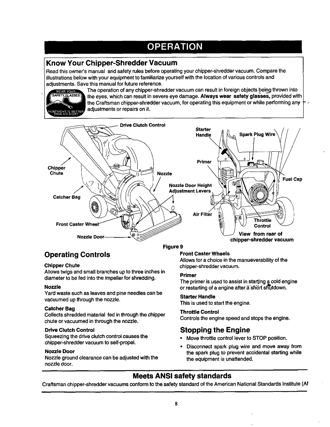 Craftsman 247.77763 owner manual Know Your Chipper-Shredder Vacuum, Operating Controls, Stopping the Engine 