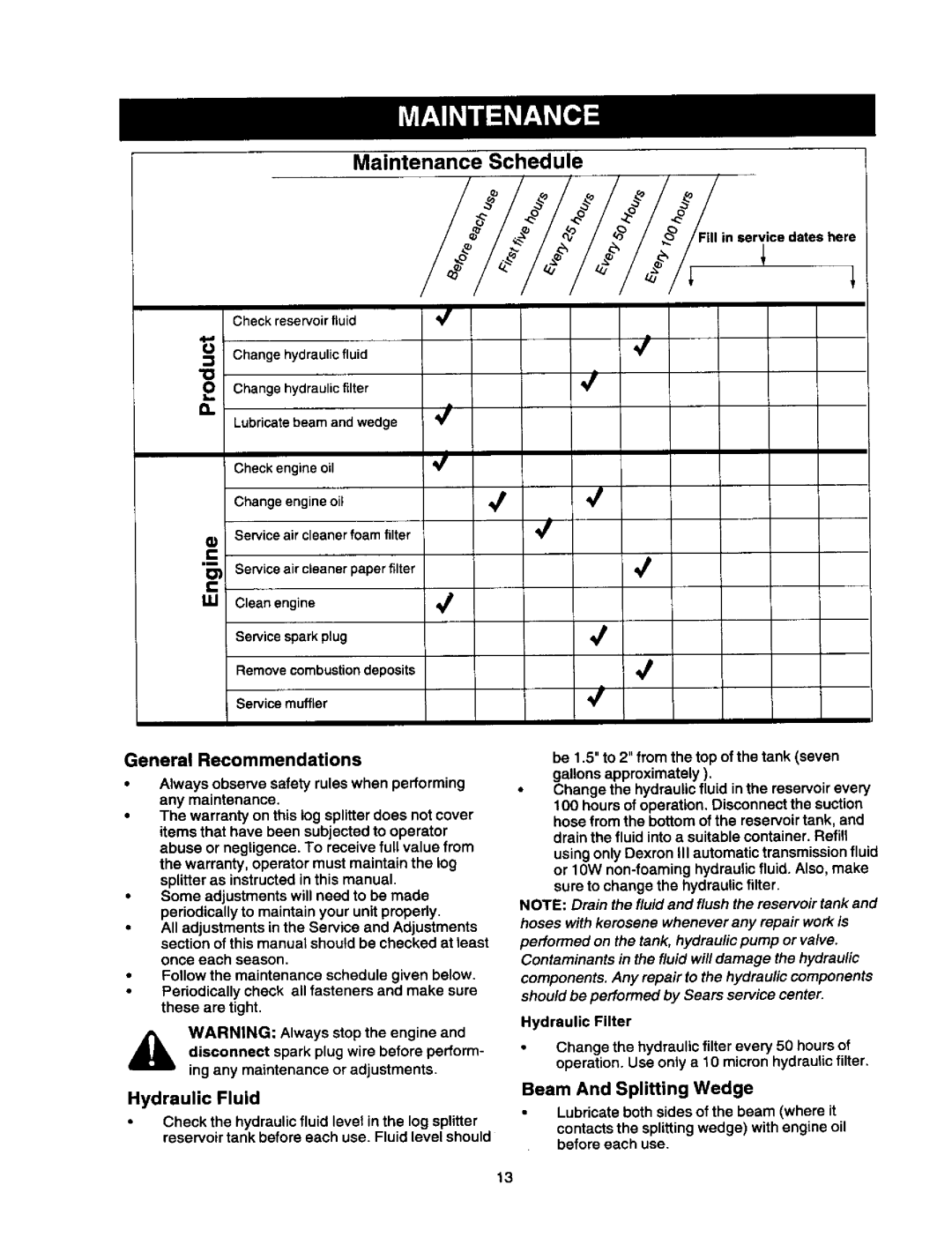 Craftsman 247.79452 owner manual General Recommendations, Hydraulic Fluid, Beam And Splitting Wedge 