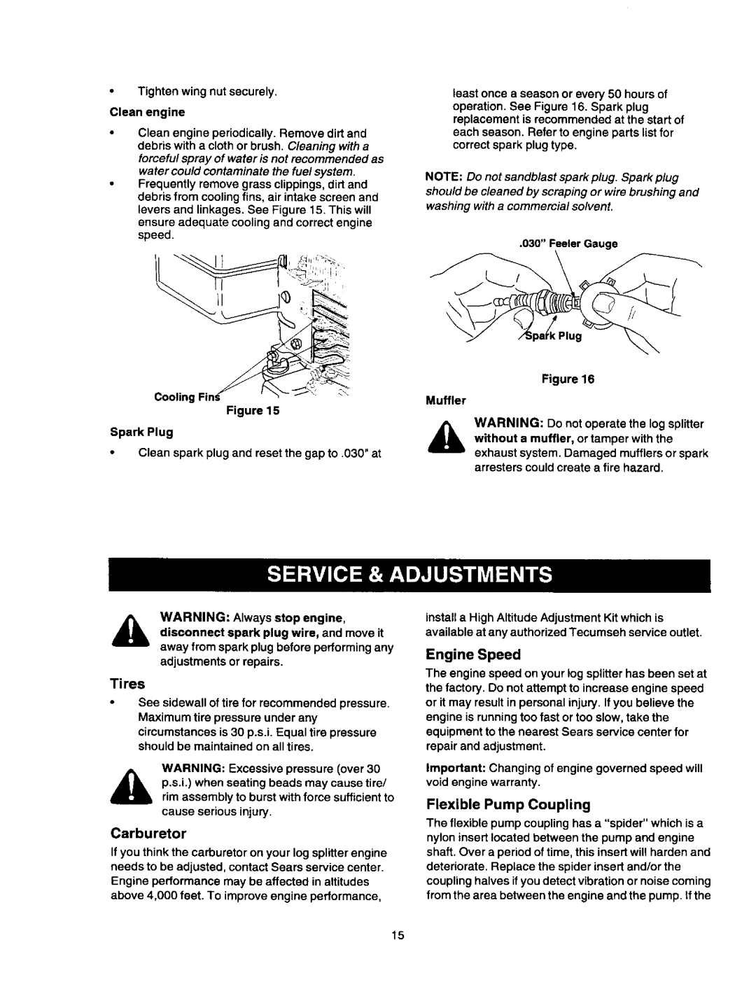 Craftsman 247.79452 owner manual Tires, Carburetor, Engine Speed, Flexible Pump Coupling 