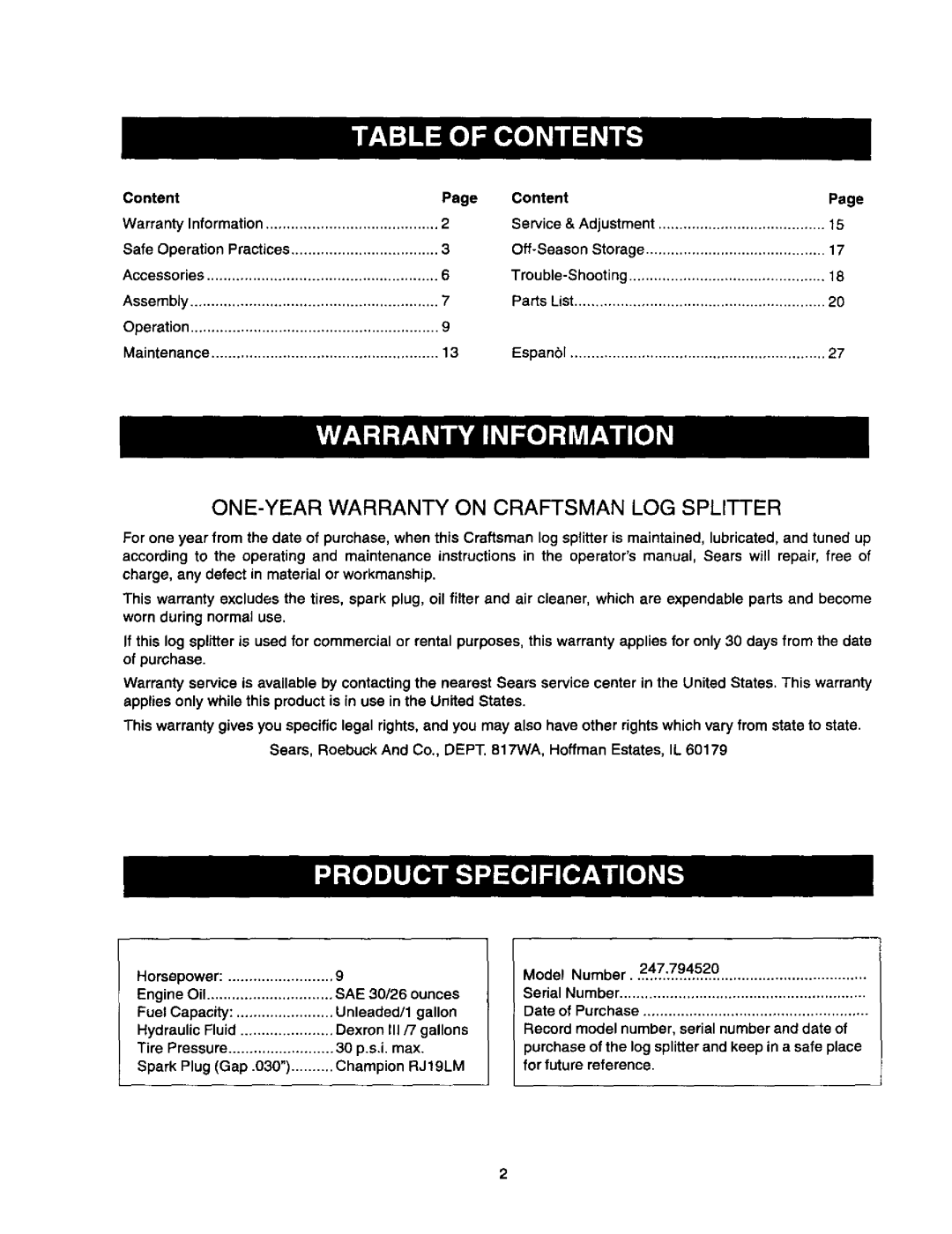 Craftsman 247.79452 owner manual Model Number, Espanbl, Dexron, Spark Plug Gap Champion 