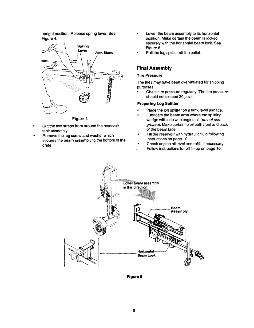 Craftsman 247.79452 owner manual Final Assembly, Tire Pressure, Spring Lever Jack Stand, Beam Assembly 