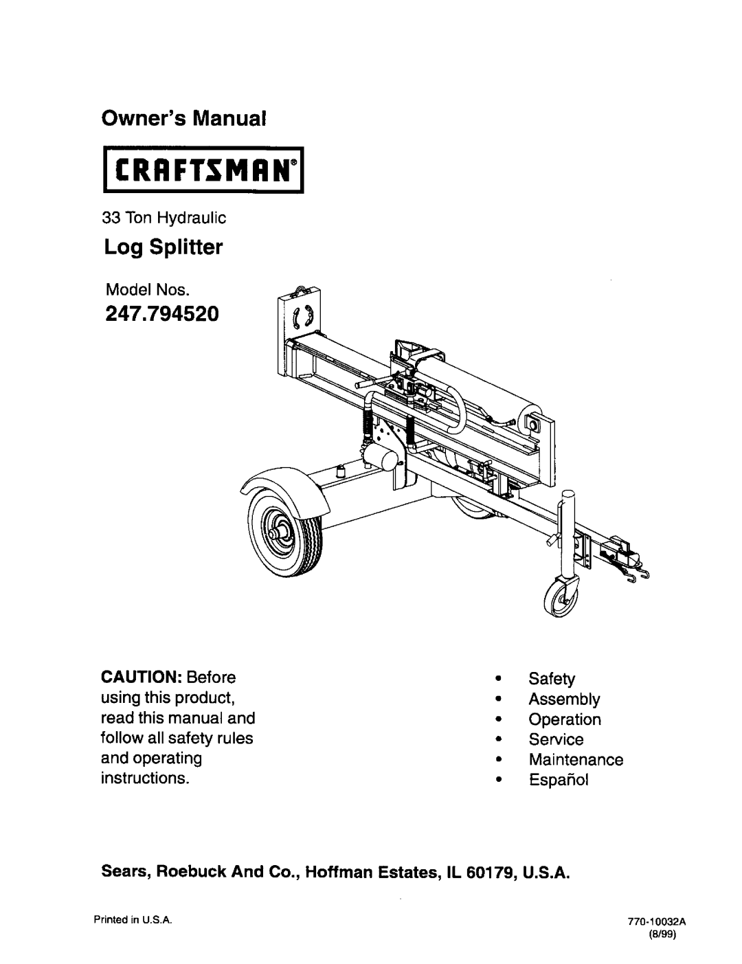 Craftsman 247.79452 owner manual Log Splitter, follow all safety rules, Service, and operating, Maintenance, instructions 