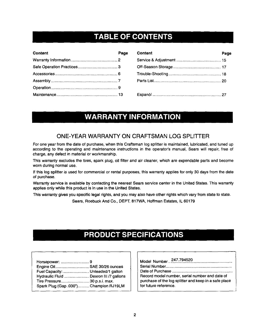 Craftsman 247.79452 owner manual One-Year Warranty On Craftsman Log Splitter 