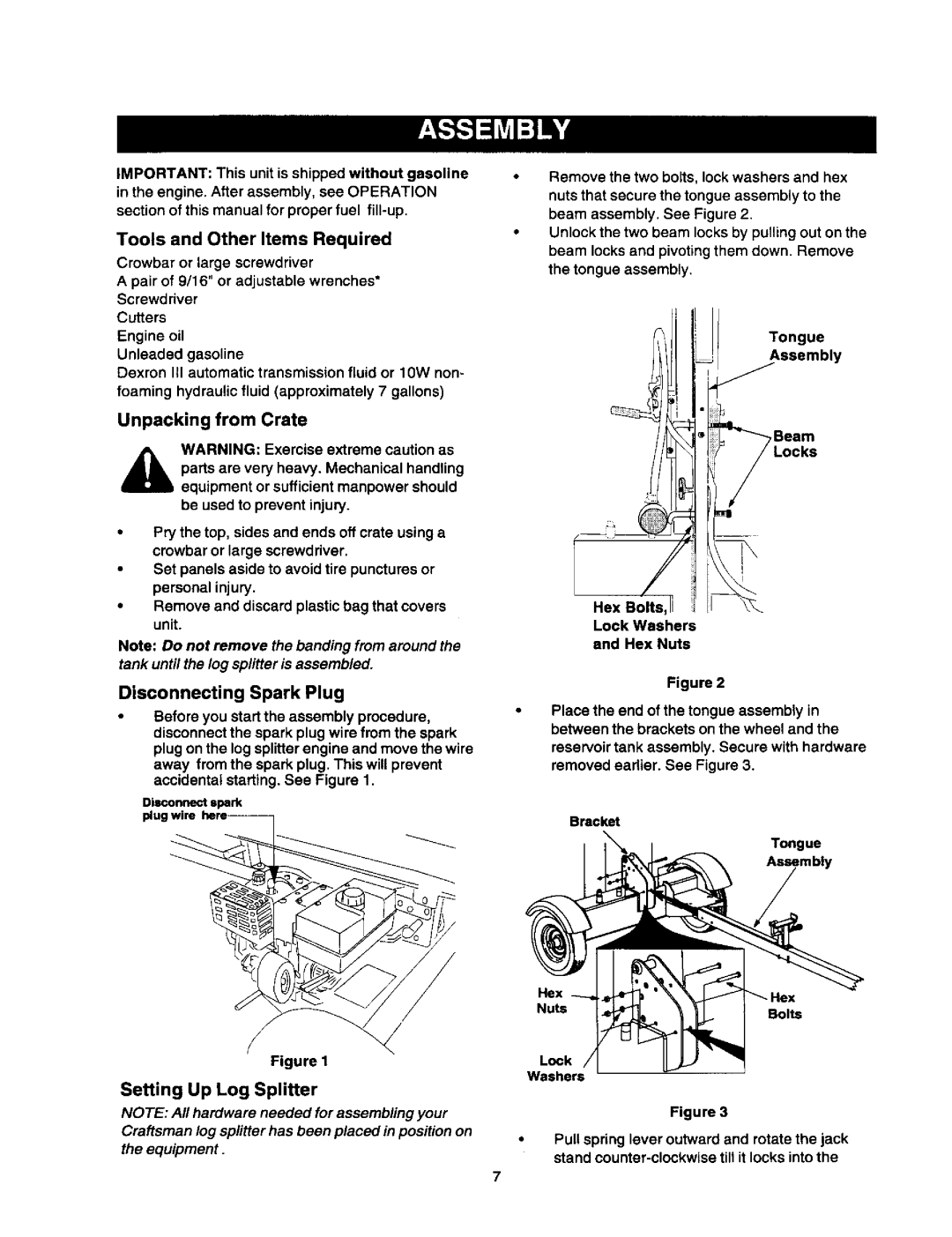 Craftsman 247.79452 owner manual Tools and Other Items Required, Unpacking from Crate, Disconnecting Spark Plug 