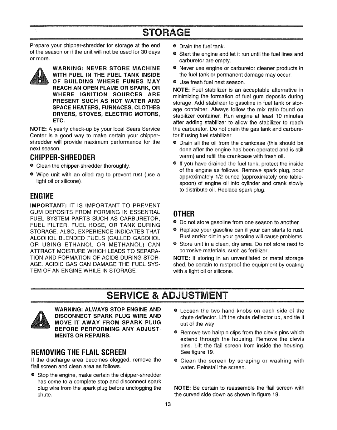 Craftsman 247.795861 owner manual Storage, Servrce & Adjustment, Chipper-Shredder, Other, Removingtheflailscreen, Engine 