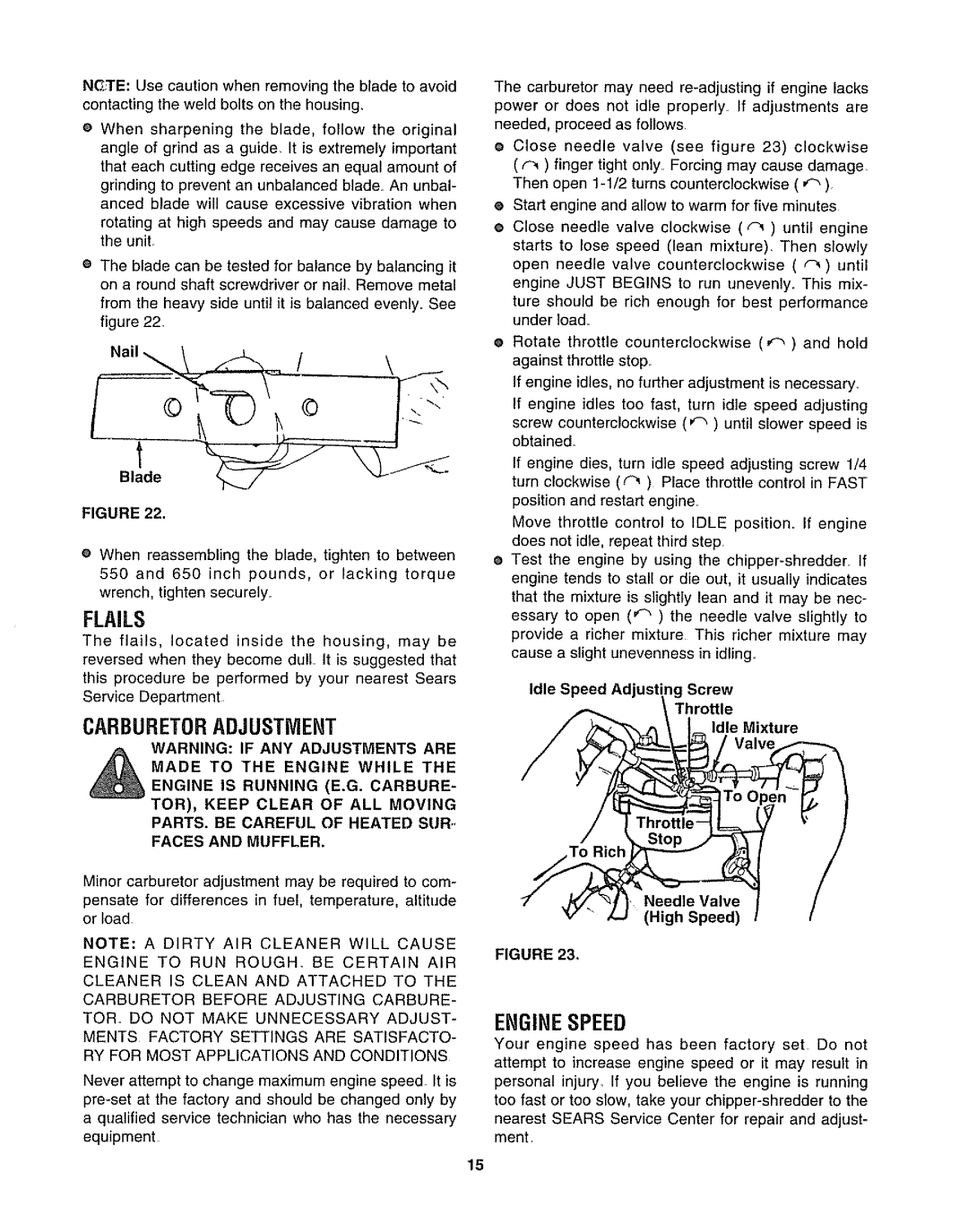 Craftsman 247.795861 owner manual Flails, Carburetoradjustment, Enginespeed, NGTE Usecautionwhenremovingthe blade to avoid 