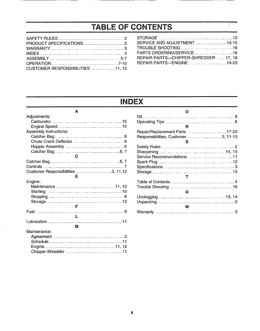 Craftsman 247.795861 owner manual Table Of Contents, Hndex 