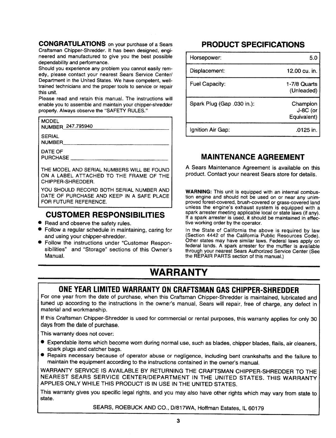 Craftsman 247.79594 manual 