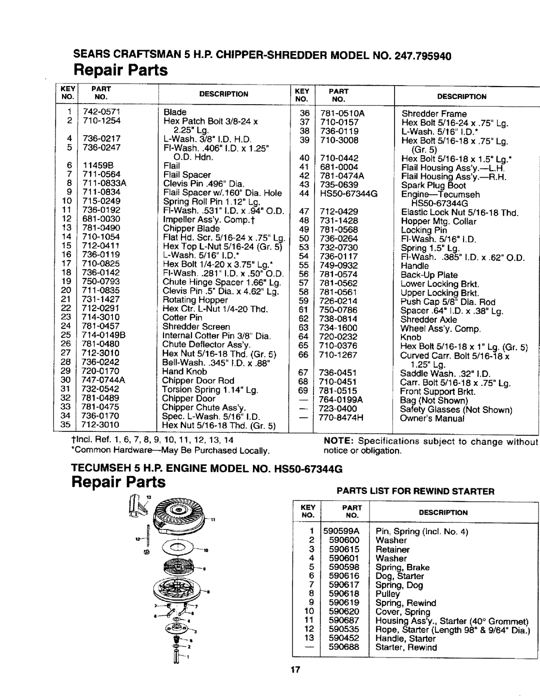 Craftsman 247.795940 manual Repair, Parts List for Rewind Starter 