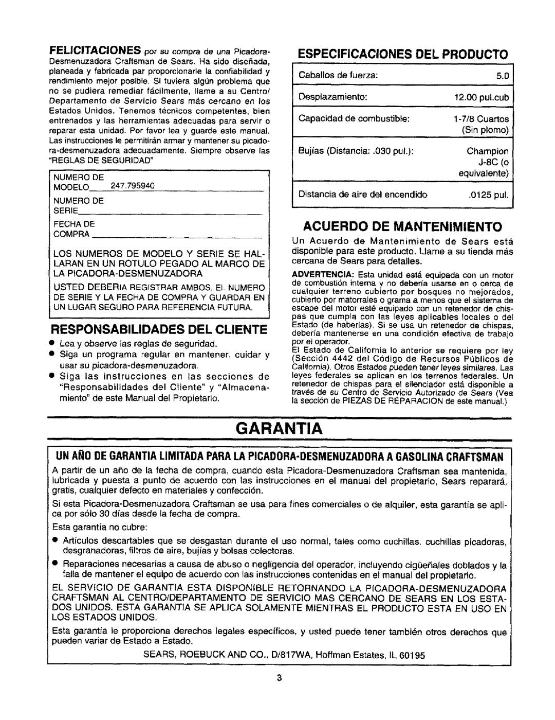 Craftsman 247.795940 Garantia, Especificaciones DEL Producto, Acuerdo DE Mantenimiento, Responsabilidades DEL Cliente 