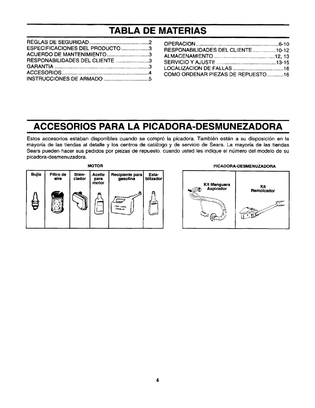 Craftsman 247.795940 manual Tabla DE Materias, Accesorios Para LA PICADORA-DESMUNEZADORA 