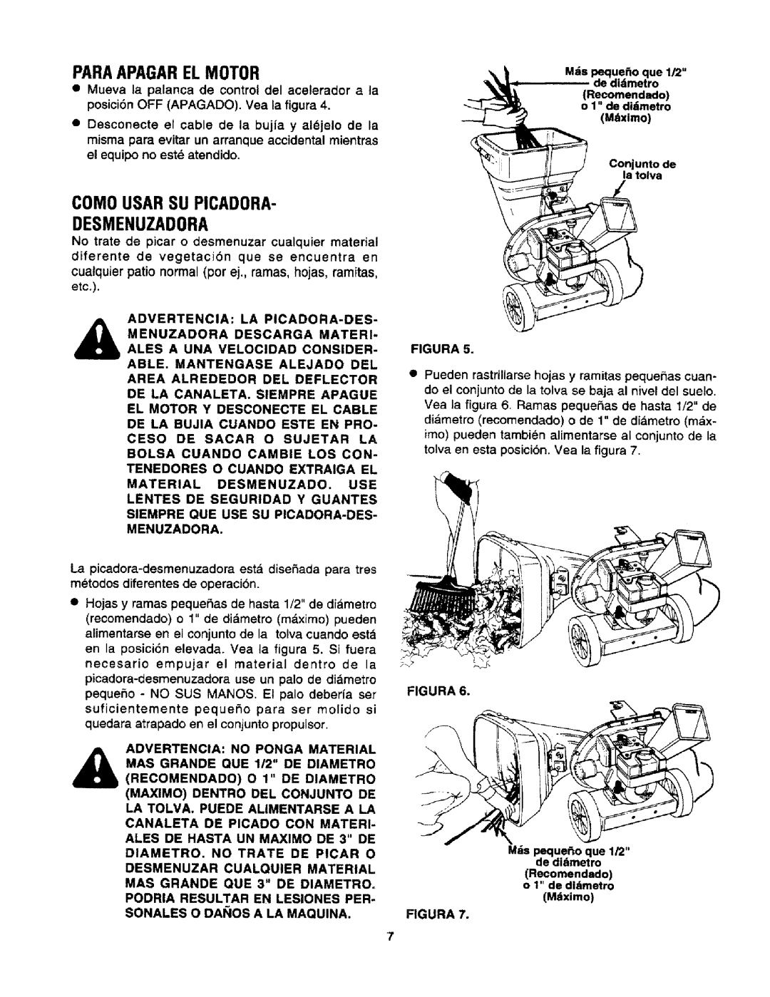 Craftsman 247.795940 manual Paraapagarel Motor, Como Usar SU Picadora Desmenuzadora, Sonales O Daiios a LA Maquina 