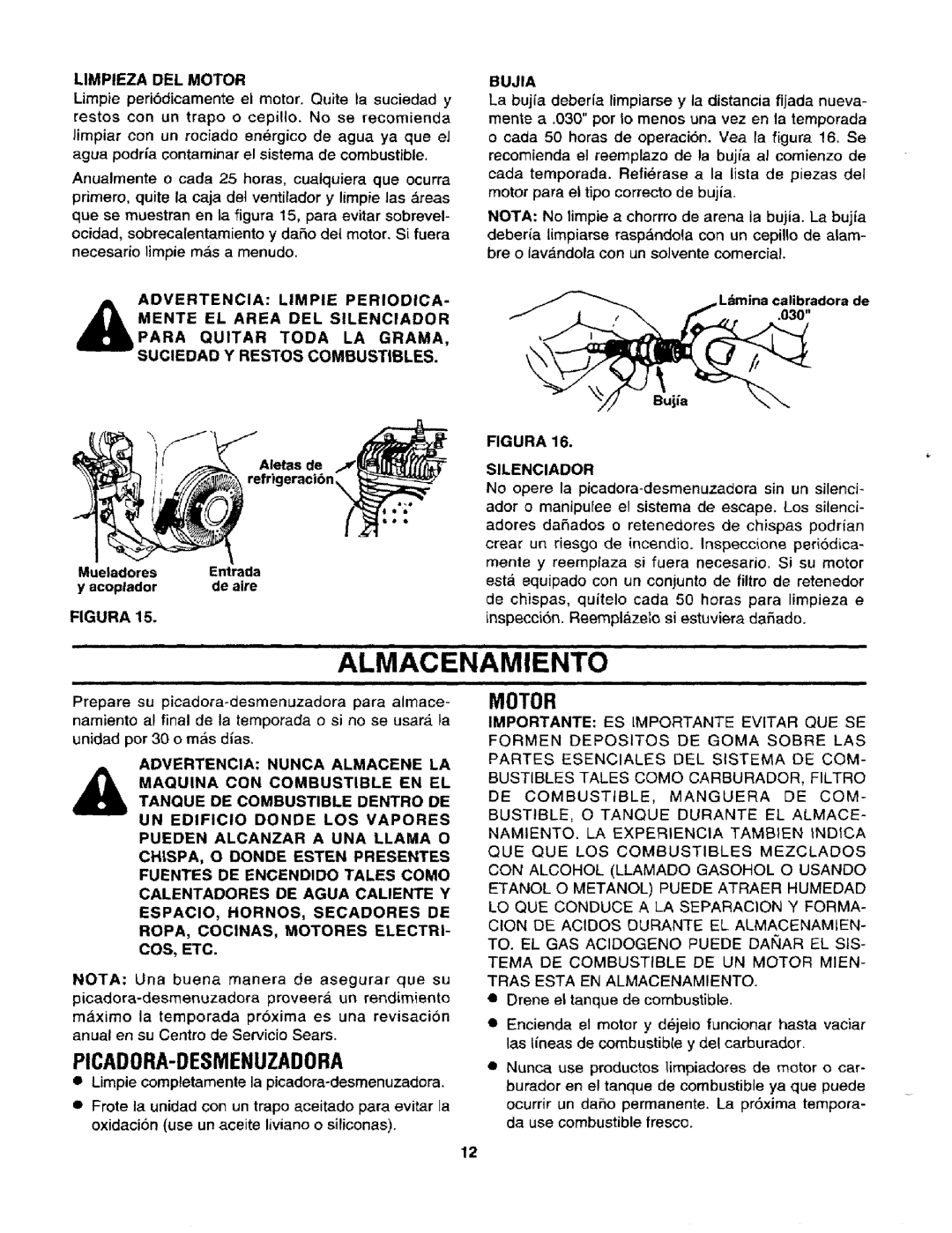 Craftsman 247.795940 manual Limpieza DEL Motor, Bujla, Advertencia Nunca Almacene LA 