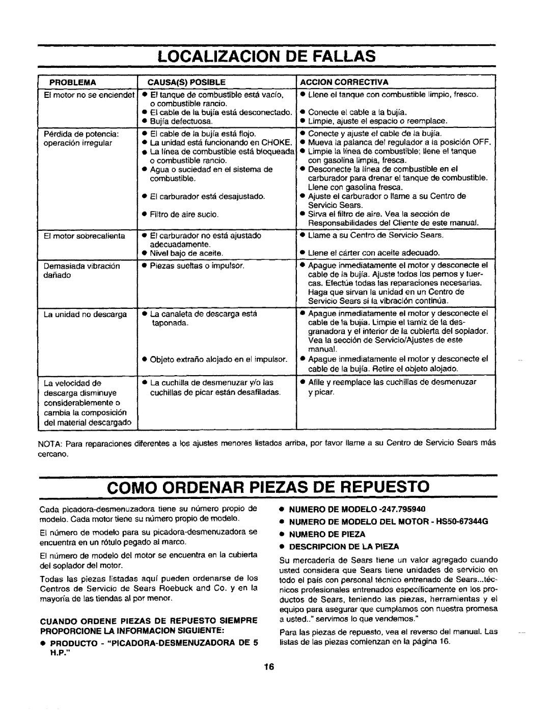 Craftsman 247.795940 manual Como Ordenar Piezas DE Repuesto, Localizacion DE Fallas 