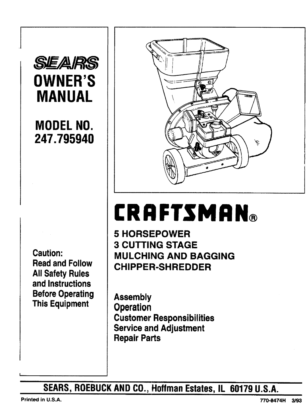 Craftsman manual I:Rrftsmrn, Owners Manual, MODELNO 247.795940 