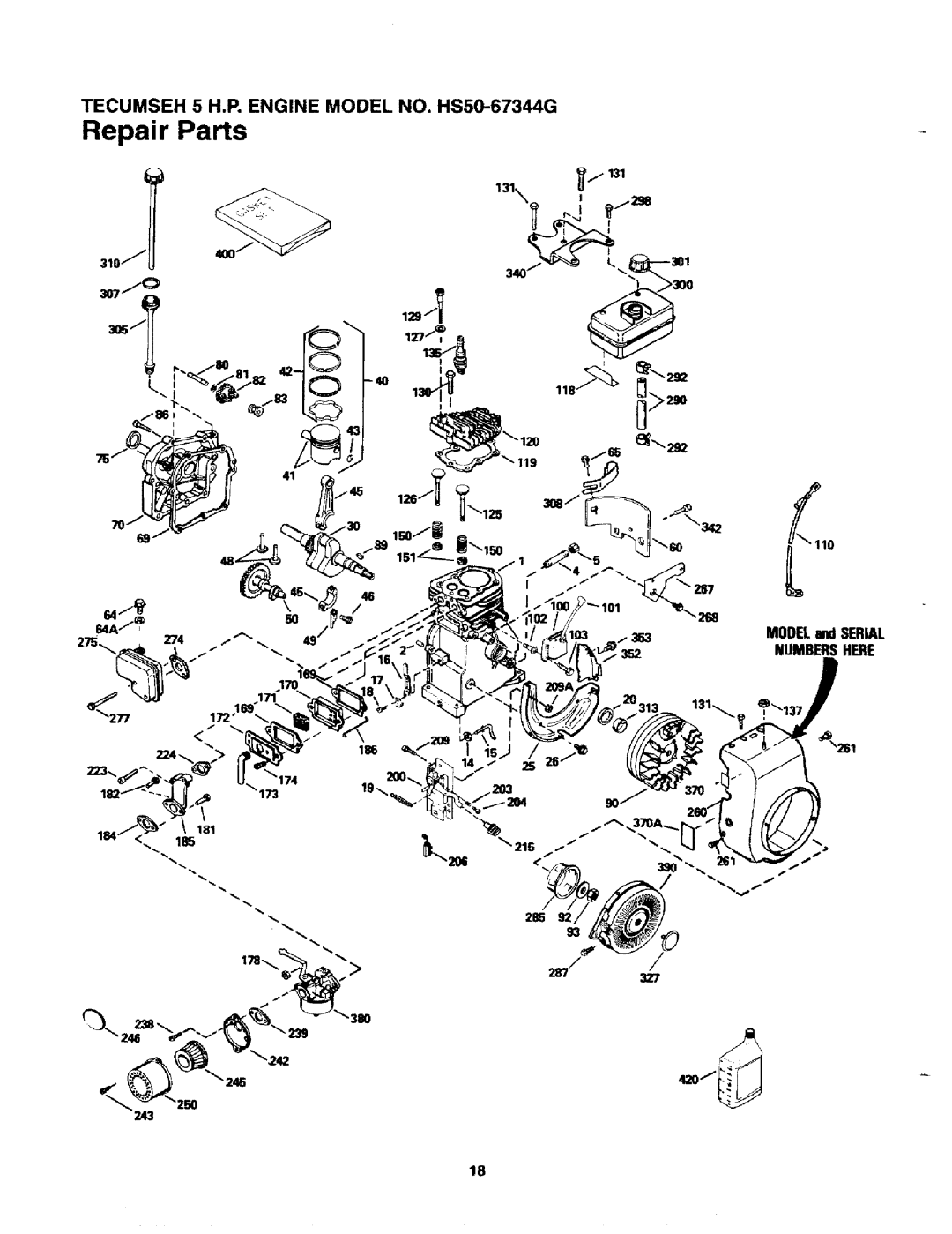 Craftsman 247.795940 manual TECUMSEH 5 H.P. ENGINE MODEL NO. HS50-67344G, MODELandSERIAL NUMBERSHERE, _261 