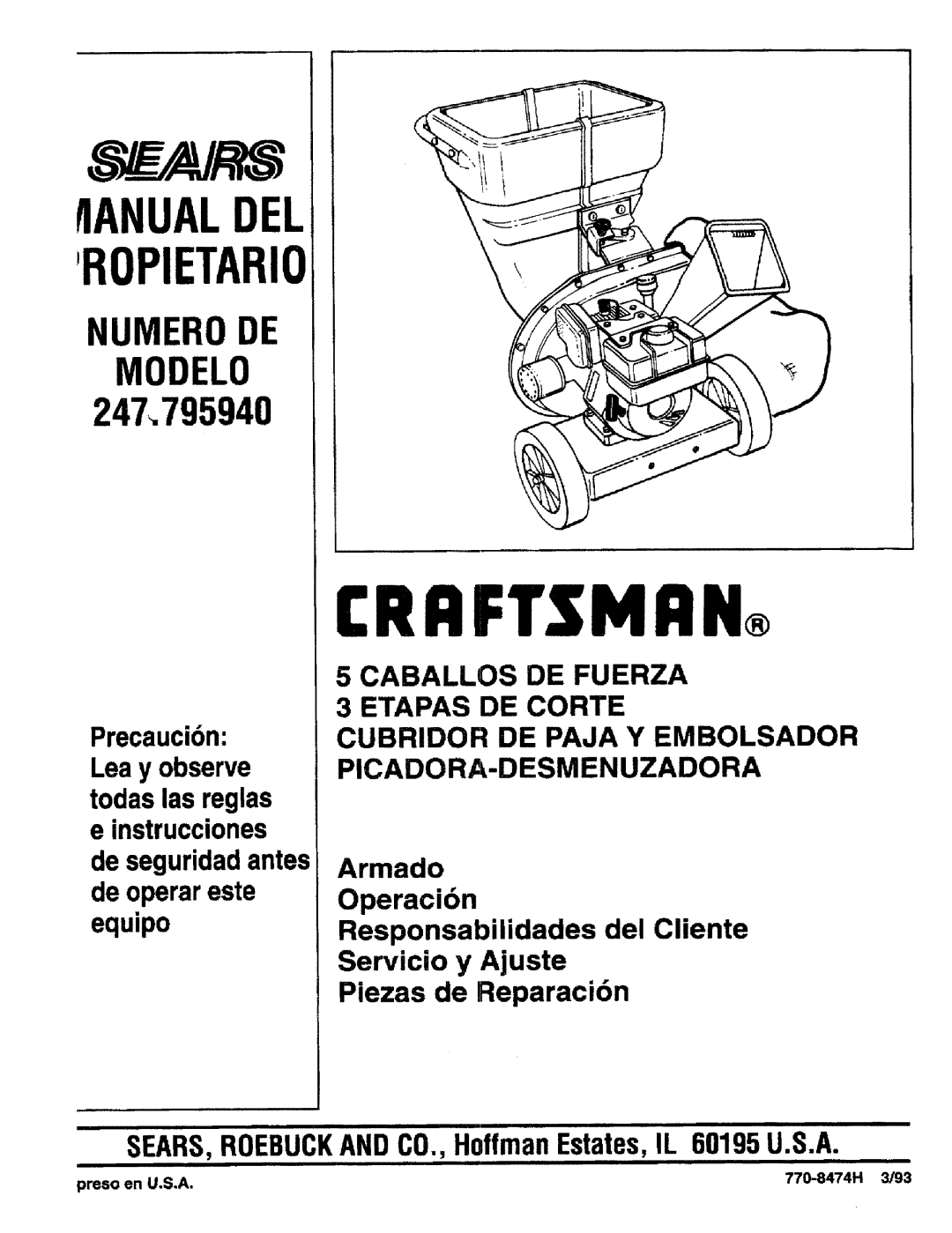 Craftsman 247.795940 manual SEARS,ROEBUCKANDCO.,HoffmanEstates,IL 60195U.S.A, Crrftsmrn, Ropietario, flANUALDEL 