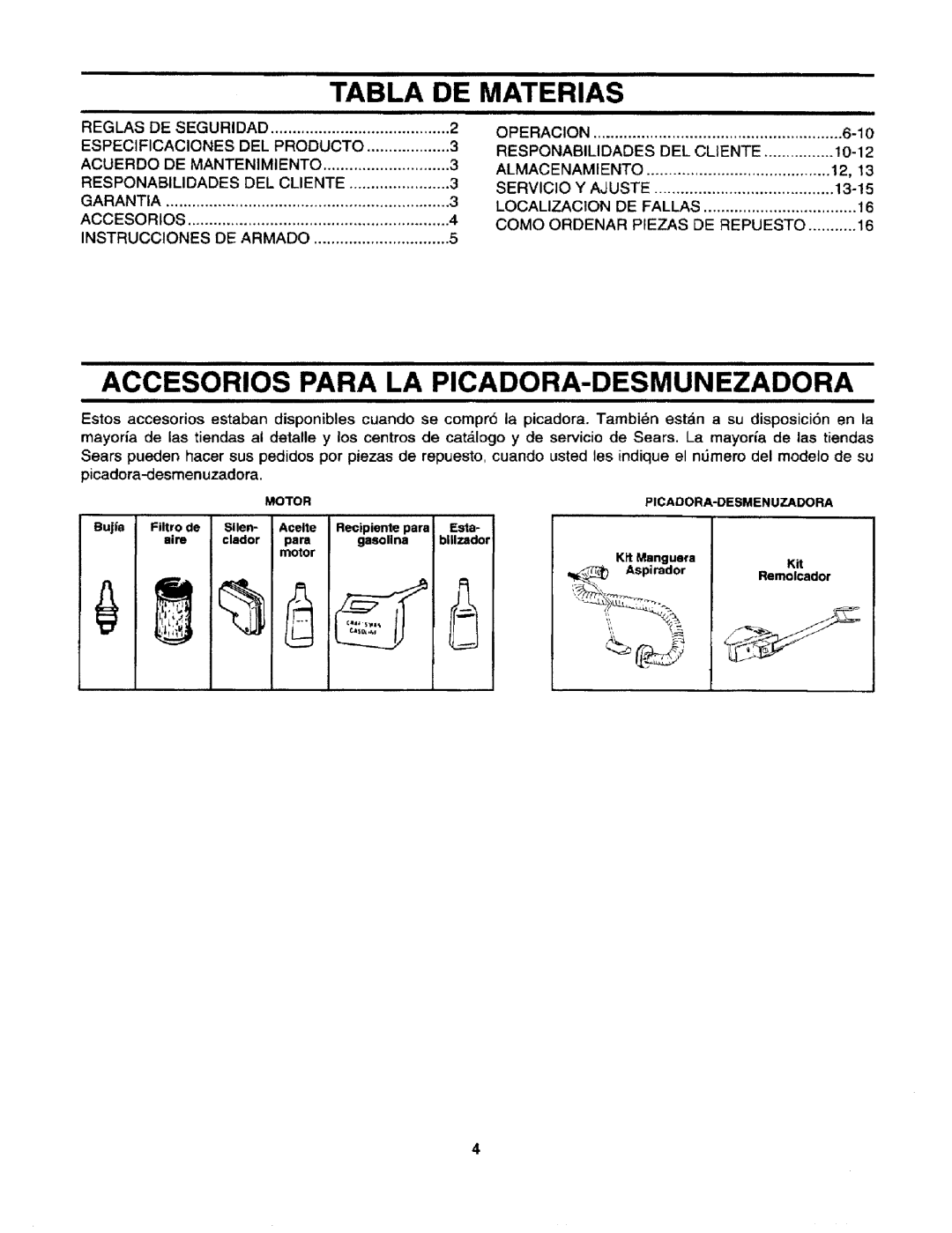 Craftsman 247.795940 manual Tabla, De Materias, Accesorios Para La Picadora-Desmunezadora 