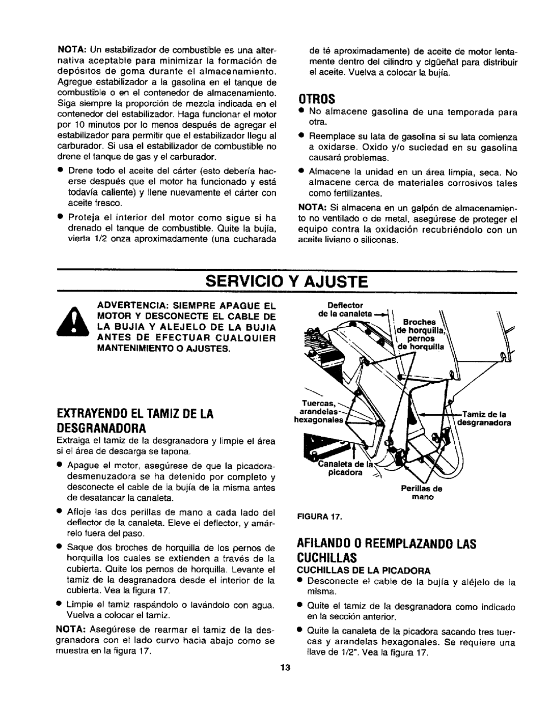 Craftsman 247.795940 manual Servicio, Y Ajuste, 0TROS, Extrayendoel Tamiz De La Desgranadora 