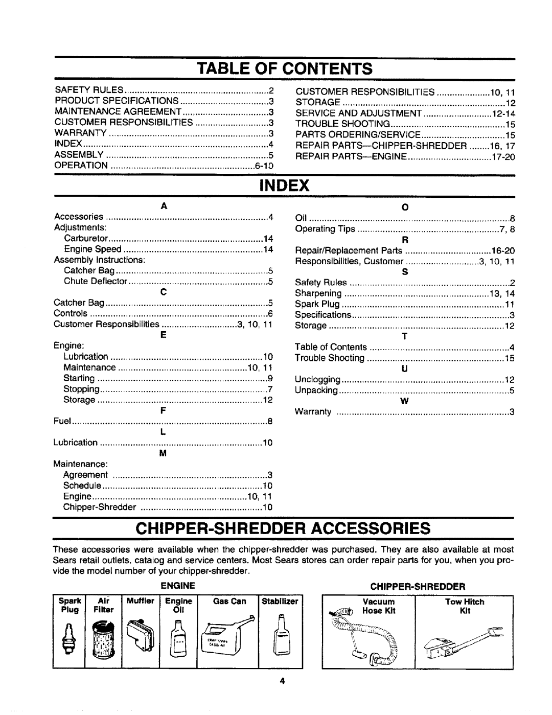 Craftsman 247.795940 manual Table Of Contents, Index, Chipper-Shredderaccessories 