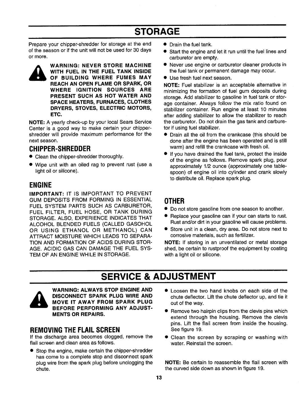 Craftsman 247.795950 manual Storage, Service & Adjustment, Removing the Flail Screen 