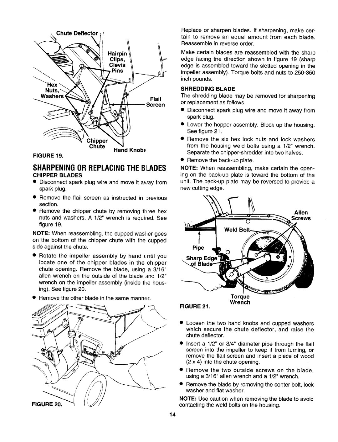 Craftsman 247.795950 manual Sharpeningor Replacingthe Blades, Chipper Blades, Shredding Blade 